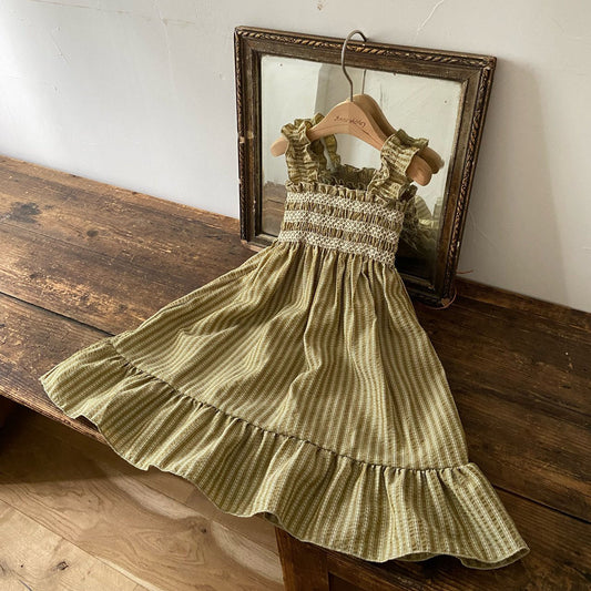Girls Ann SS25 Ruffle Strap Smocked Dress (2-5y) - Olive - AT NOON STORE