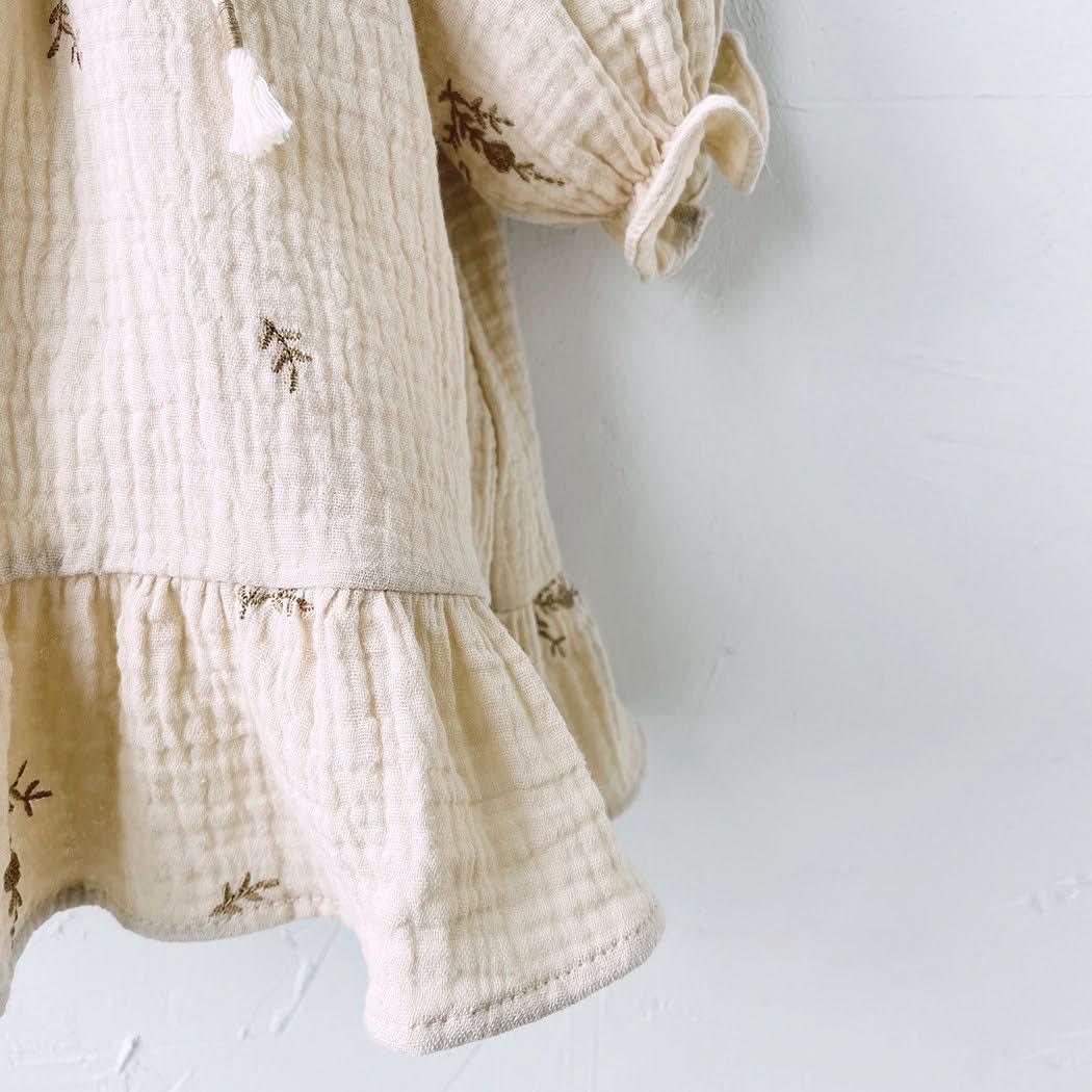 Toddler Milk Knot Tassel Bow Flower Embroidery Dress (1-6y) - Cream - AT NOON STORE
