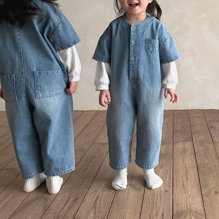 Kids Bella Front Button Short Sleeve Denim Jumpsuit (2-7y) - Denim - AT NOON STORE