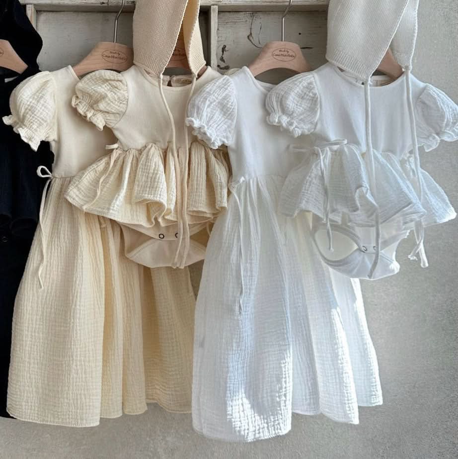 Baby Monbebe Cotton Ruffle Dress Romper with Tie Waist (3-24m) - 2 Colors - AT NOON STORE