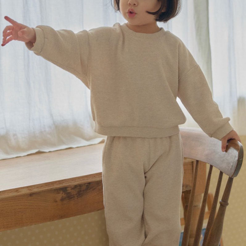 Kids F25 Waffle Long Sleeve Sweatshirt and Jogger Pants Set (1-6y) - Beige - AT NOON STORE