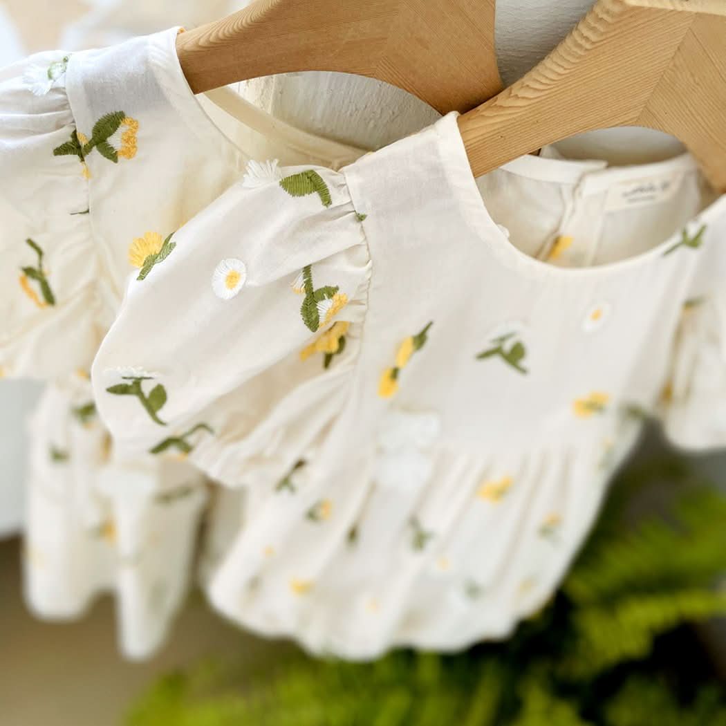 Toddler Milk Floral 3D Embroidery Short Sleeve Dress (1-6y) - Floral Ivory - AT NOON STORE
