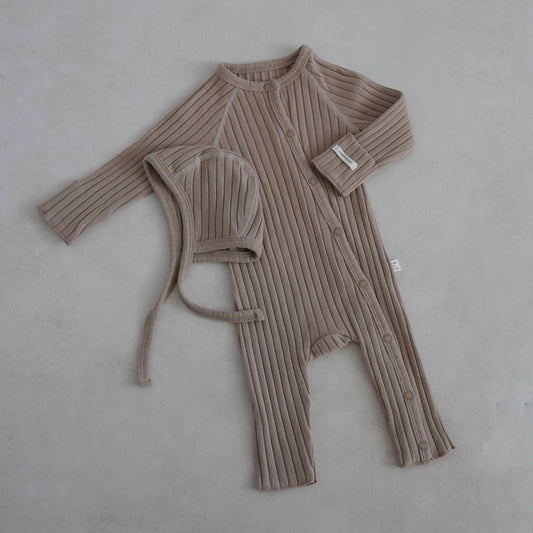 Baby Stitch Detail Ribbed Jumpsuit and Bonnet Set  (0-3m)- Beige - AT NOON STORE