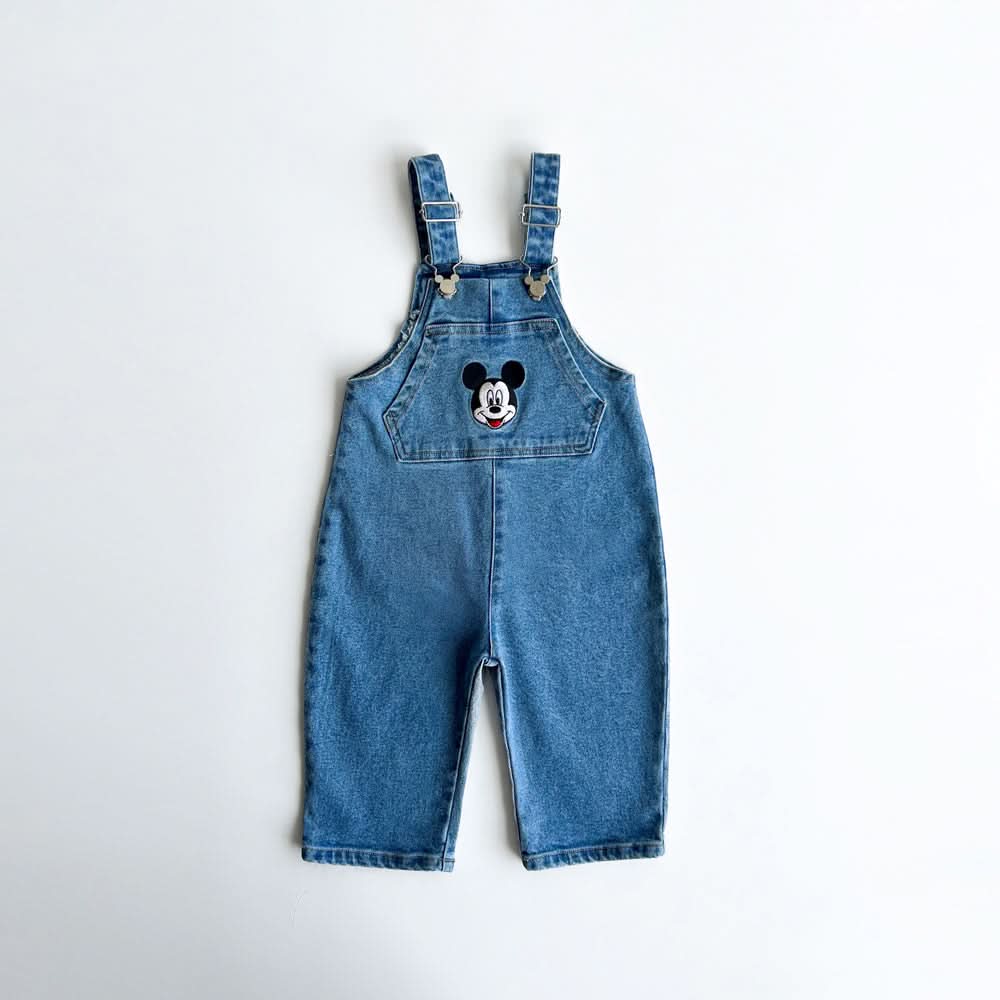Toddler Disney Mickey and Pooh Face Embroidery Kangaroo Pocket Denim Overalls (2-7y) -2 Colors - AT NOON STORE