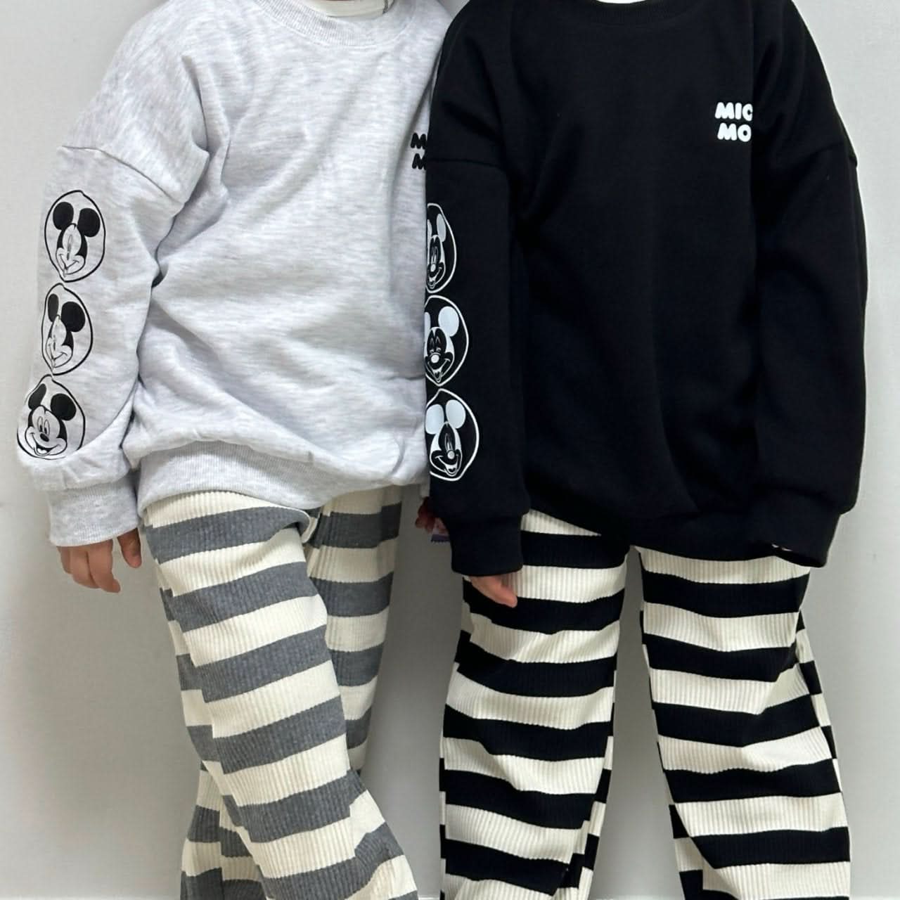 Toddler Disney Mickey Face Print Sleeve Sweatshirt and Stripe Pull-on Pants Set (2-7y) - 2 Colors - AT NOON STORE