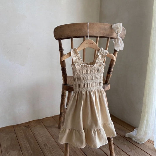 Girls Ann Frill Strap Smocked Bodice Dress (2-4y) - Beige - AT NOON STORE