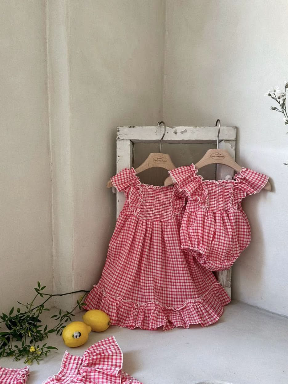 Baby Monbebe Gingham Ruffle Short Sleeve Romper (3-24m) - 2 Colors - AT NOON STORE