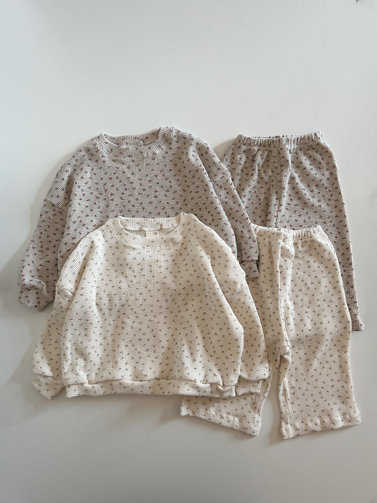 Girls Floral Print 2 Piece Waffle Set (Sweatshirt & Pull On Pants) (2-8y) - Cream - AT NOON STORE