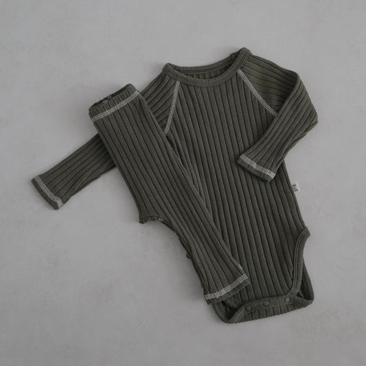Baby Stitch Detail Ribbed Bodysuit and Pants Set  (3-12m)- Olive - AT NOON STORE