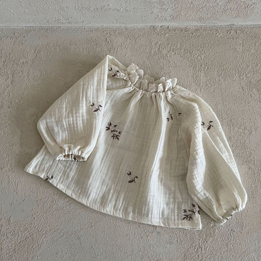 Toddler Gauze Cotton Floral Embroidery Puff Sleeve Top (1-6y) - Ivory - AT NOON STORE