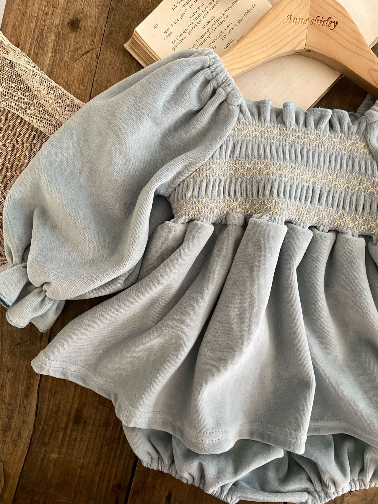 Baby Ann Velour Smocked Bodice Puff Sleeve Dress Romper (6-18m) - Sky Blue - AT NOON STORE