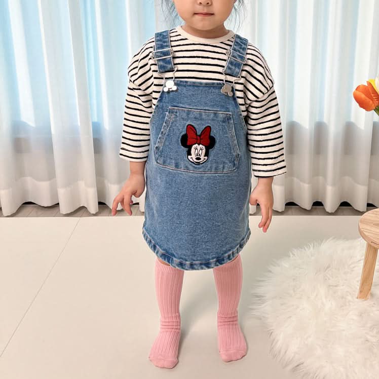 Toddler Disney Minnie Embroidery Kangaroo Pocket Denim Skirtalls (1-6y) - AT NOON STORE