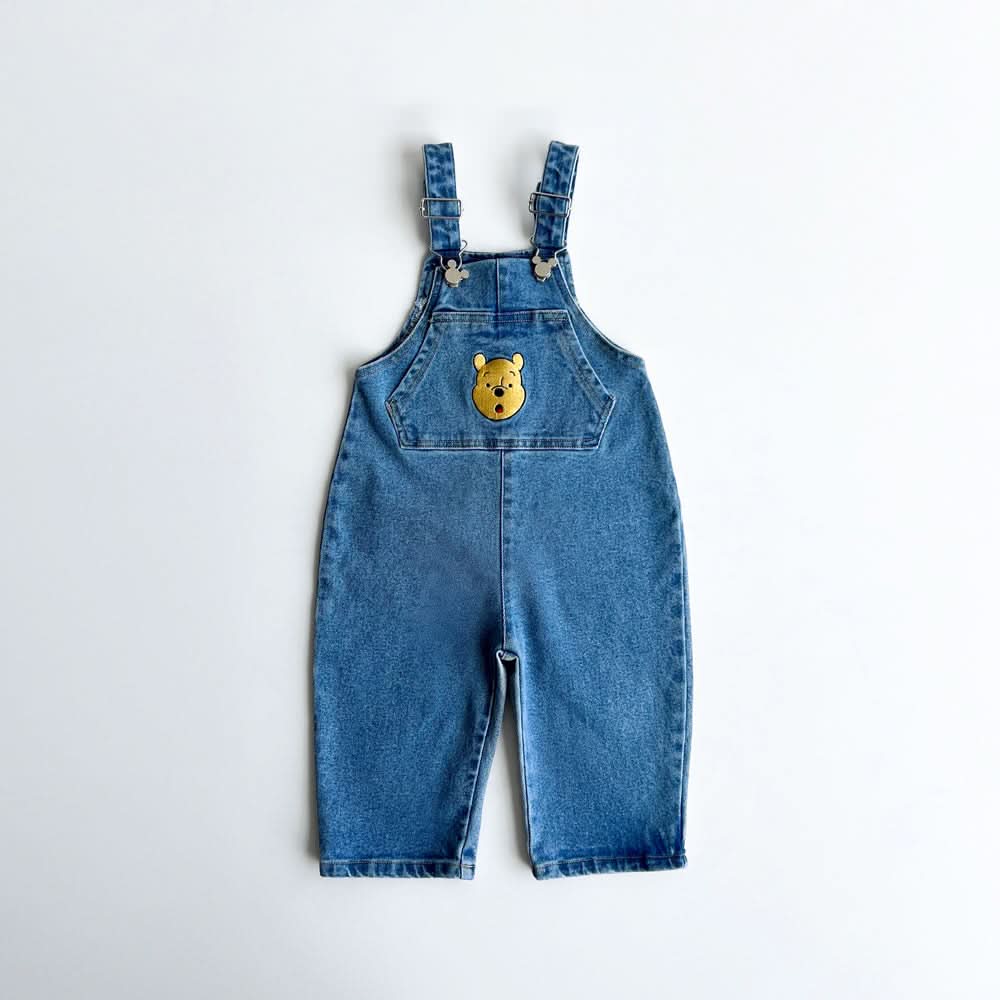 Toddler Disney Mickey and Pooh Face Embroidery Kangaroo Pocket Denim Overalls (2-7y) -2 Colors - AT NOON STORE
