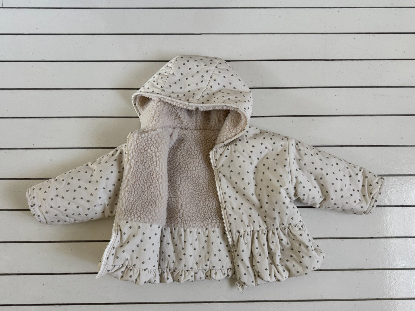 Kids W25 Floral Sherpa Lined Peplum Padded Jacket with Hood (1-6y) - Ivory