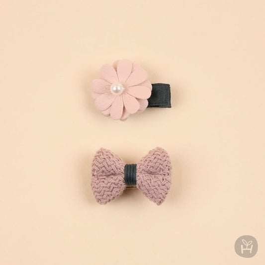 Baby Pearl Flower, Knit Bow Hair Clip Set (2pcs) - Pink - AT NOON STORE