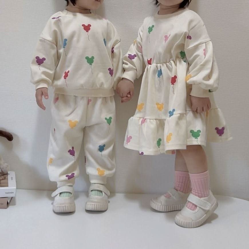 Toddler Balloon Print Long Sleeve Dress (15m-7y) -Cream - AT NOON STORE