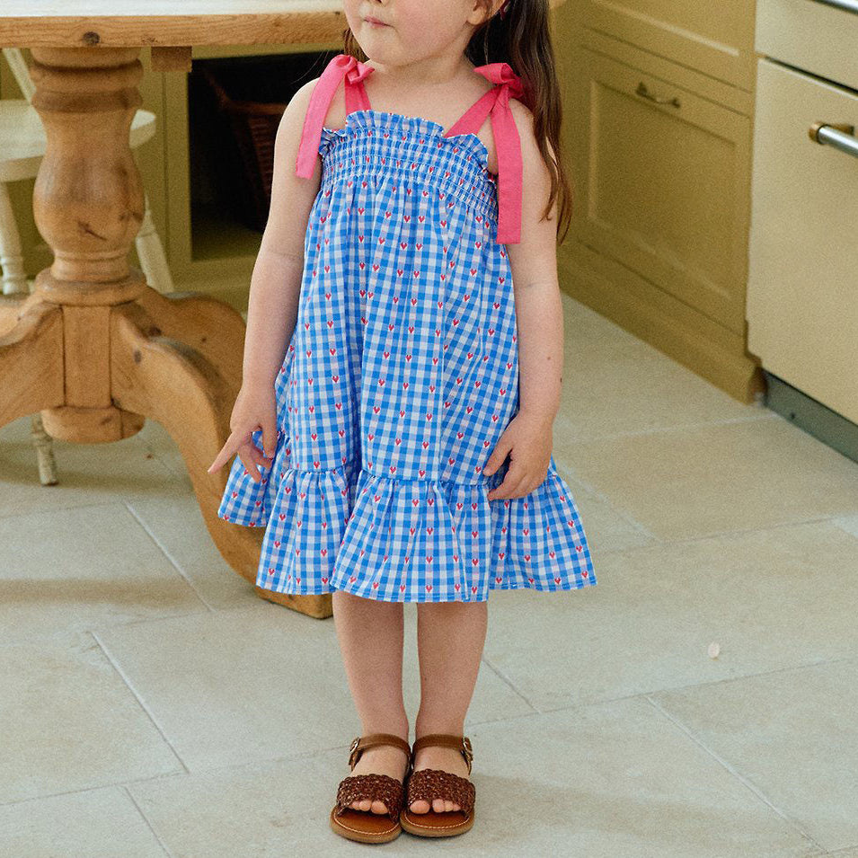 Toddler Milk SS26 Heart Gingham Smocked Bodice Tie Shoulder Dress (1-7y) - Blue