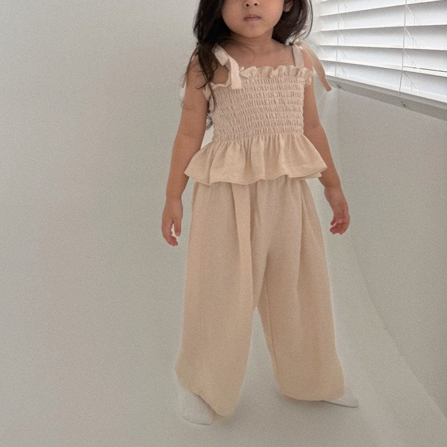 Baby Toddler Bella SS25 Tie Shoulder Smocked Top and Wide Pants Set (6m-3y) - Beige - AT NOON STORE
