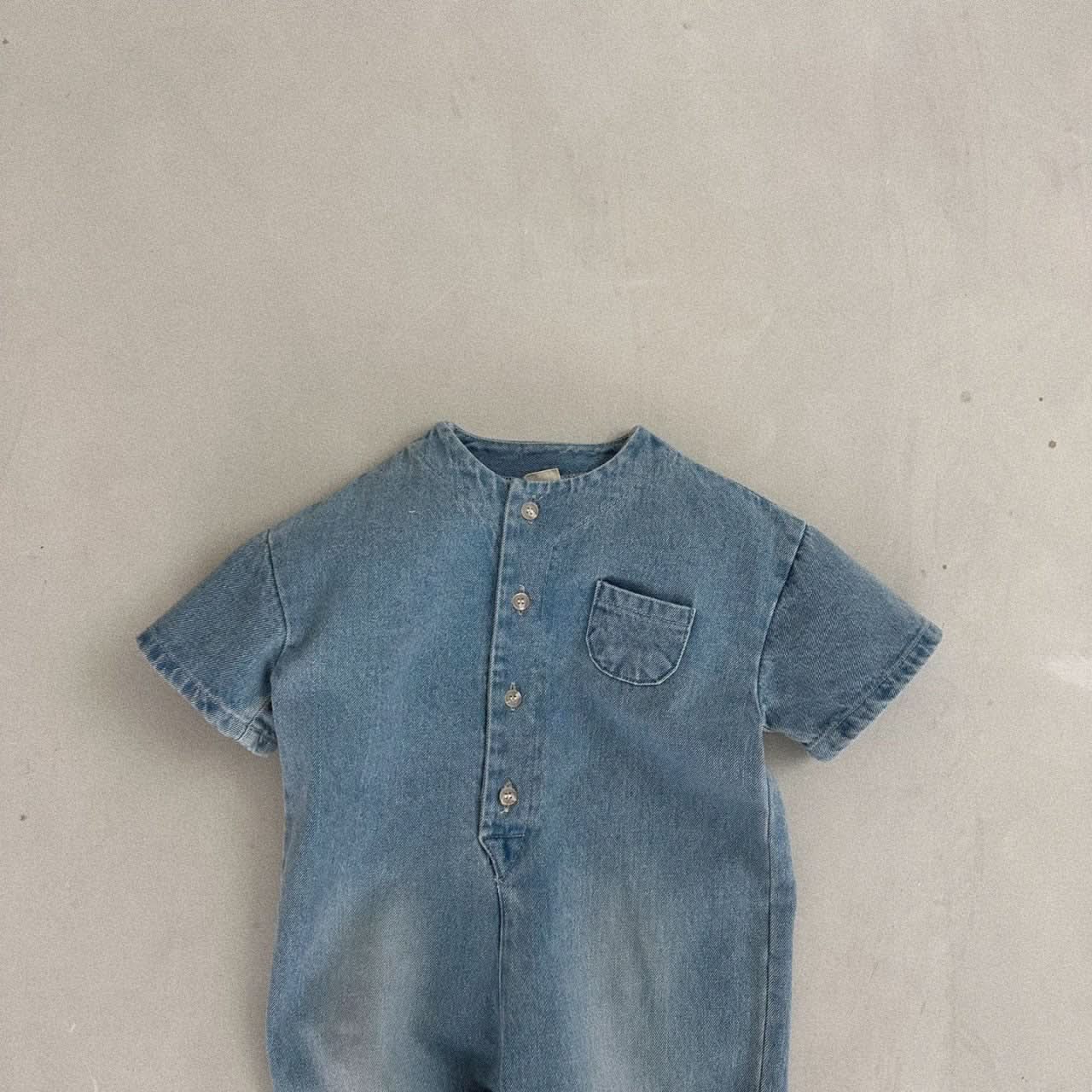 Kids Bella Front Button Short Sleeve Denim Jumpsuit (2-7y) - Denim - AT NOON STORE
