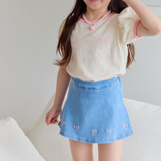 Toddler Bow Embroidery Denim Skirted Shorts (1-5y) - Light denim - AT NOON STORE