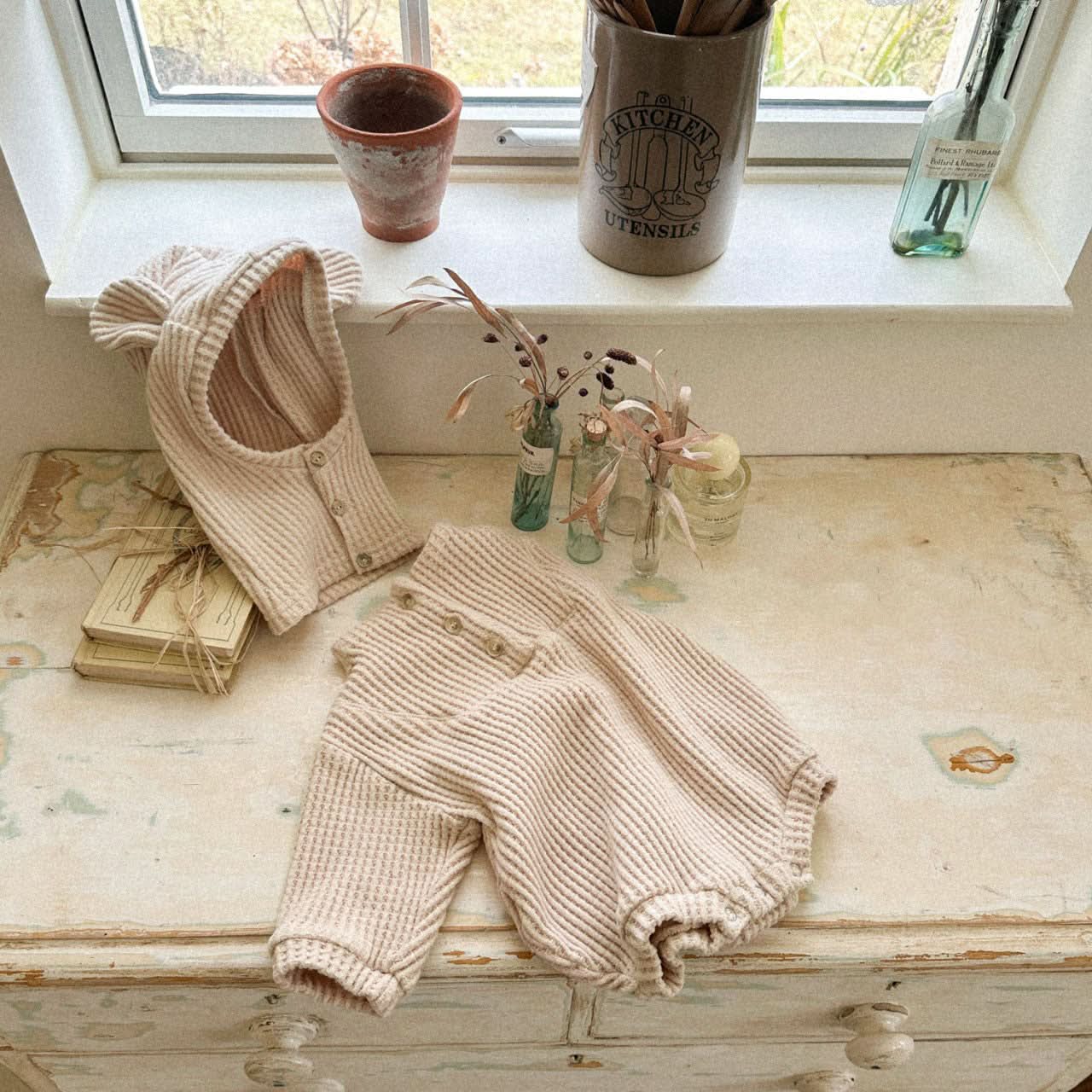 Baby Anggo Waffle Mock Neck Button Romper (3-18m) -2 Colors - AT NOON STORE