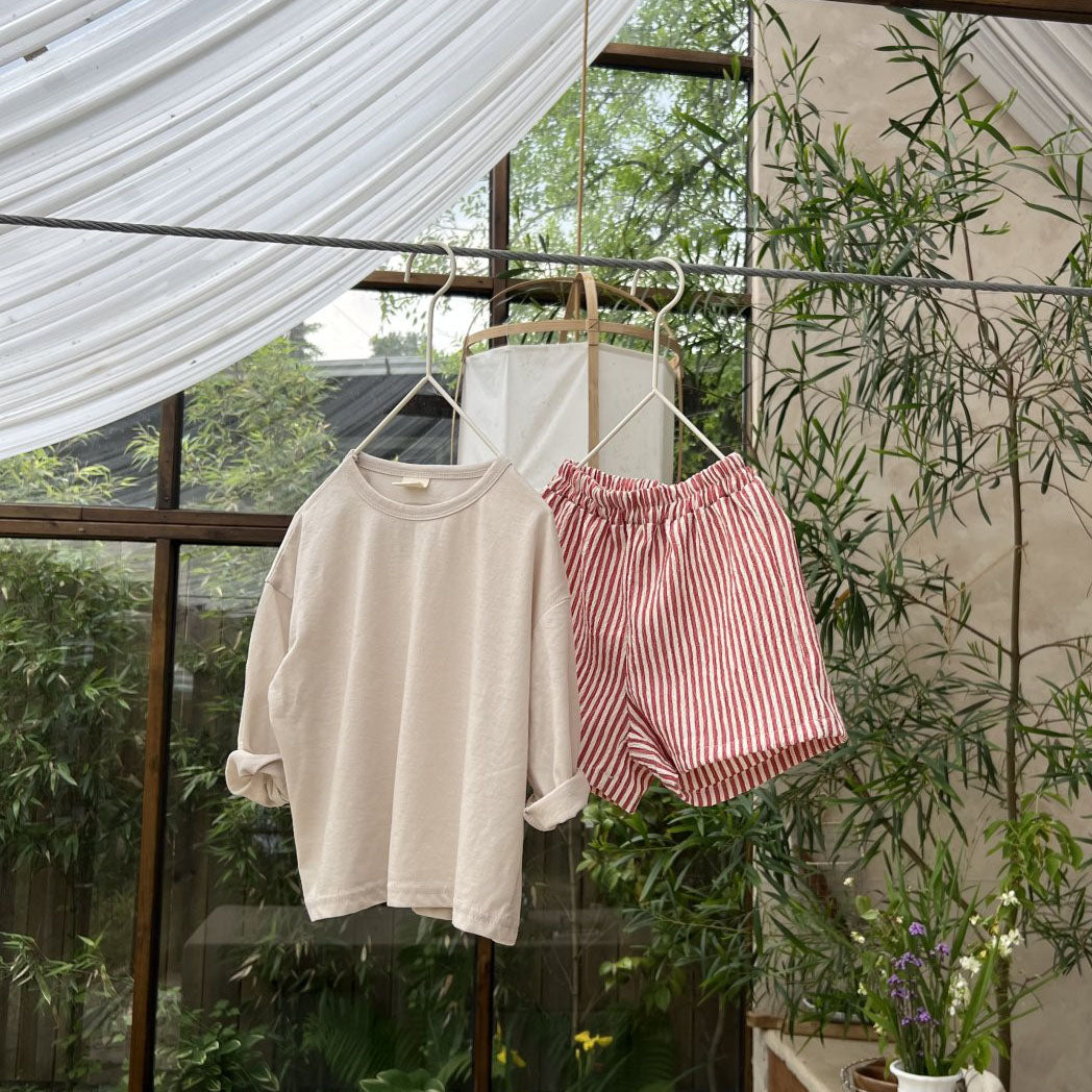 Toddler SS25 Basic Top and Stripe Shorts Set (2-7y) - 2 Colors