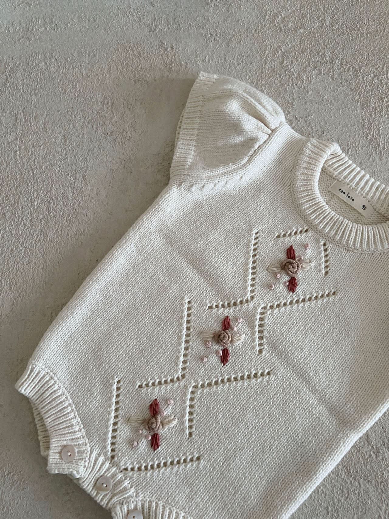 Baby Floral Embroidery Short Sleeve Knit Romper (0-24m) - Ivory - AT NOON STORE
