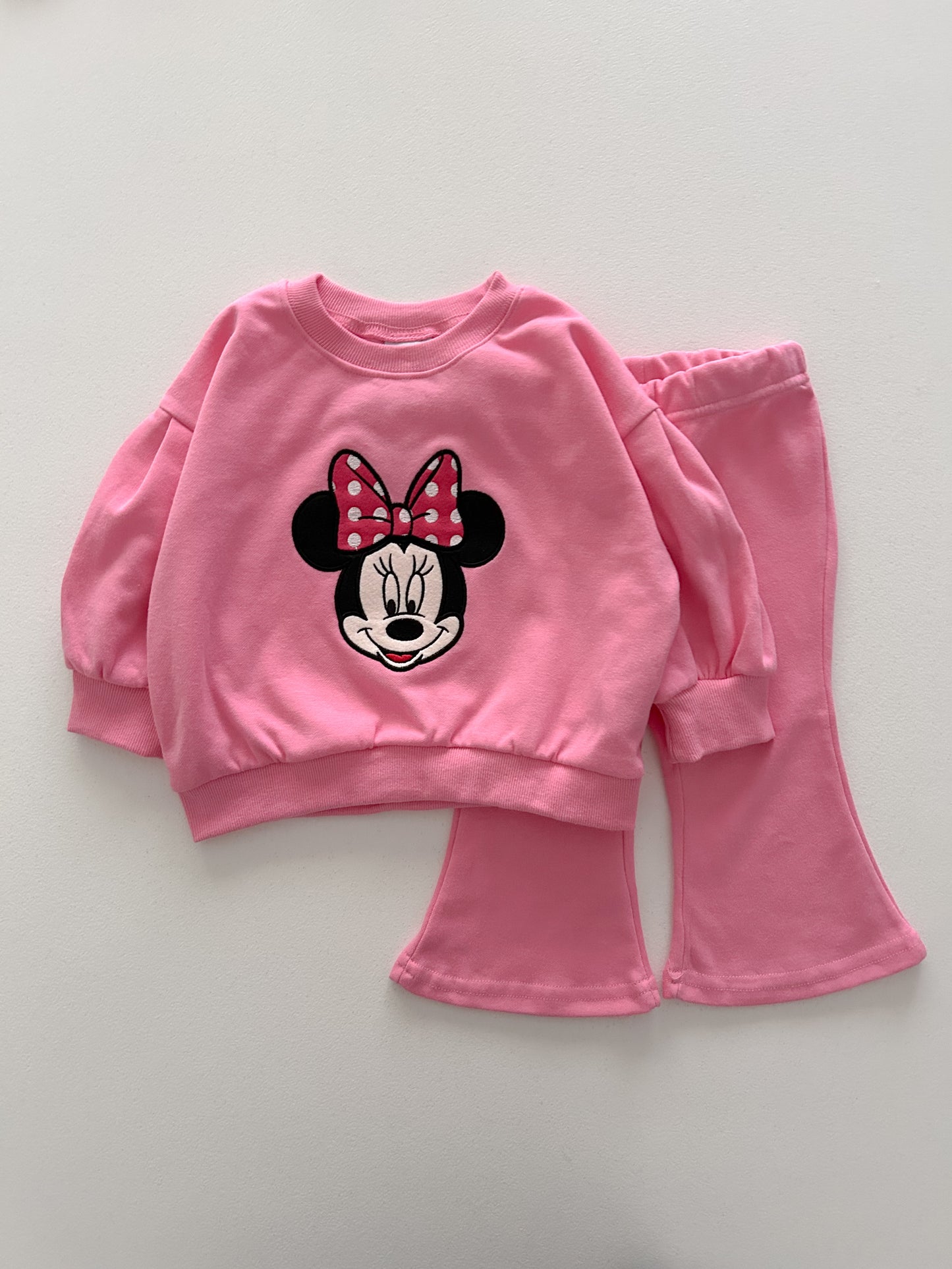 Toddler Disney Minnie Face Embroidery Puff Long SleeveSweatshirt and Flare Pants Set (1-6y) - Pink - AT NOON STORE