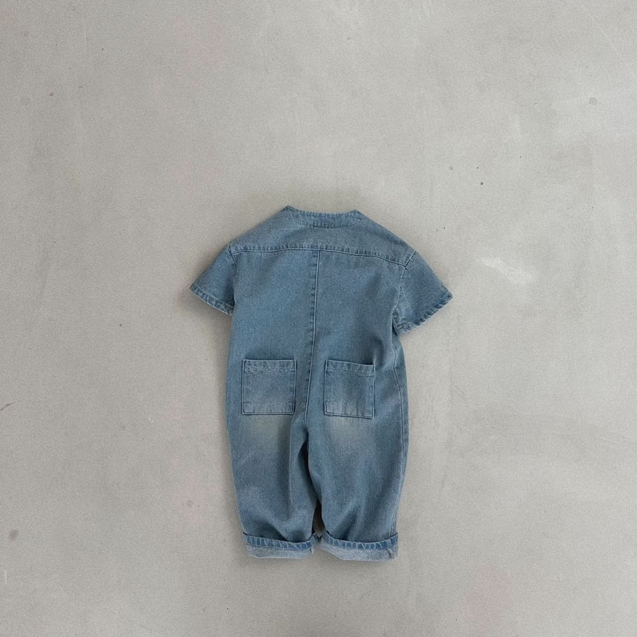 Kids Bella Front Button Short Sleeve Denim Jumpsuit (2-7y) - Denim - AT NOON STORE