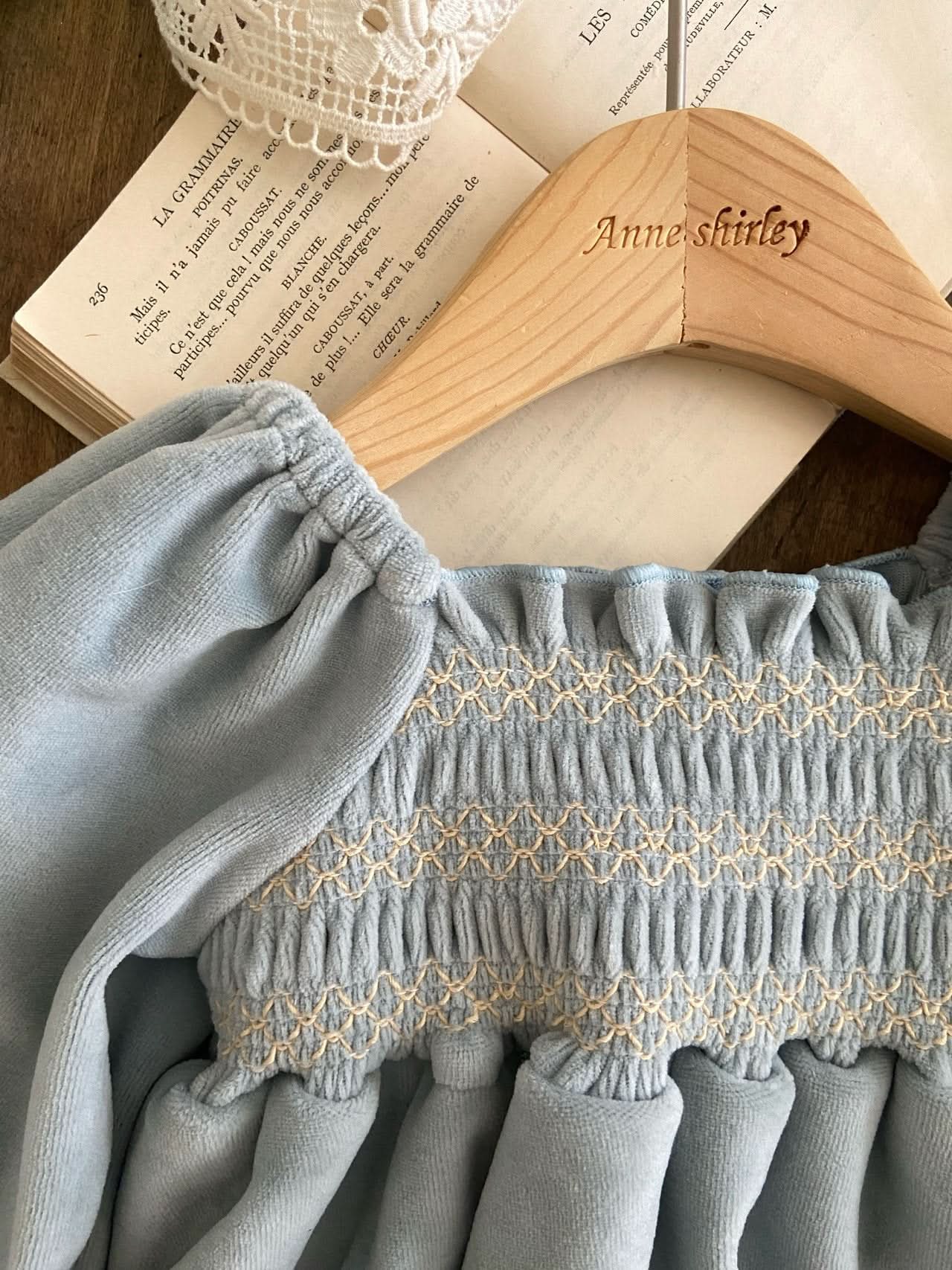 Baby Ann Velour Smocked Bodice Puff Sleeve Dress Romper (6-18m) - Sky Blue - AT NOON STORE