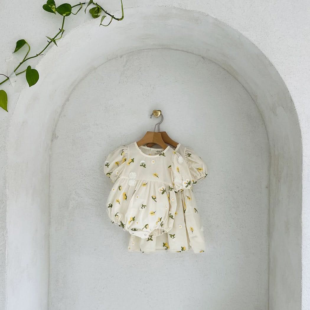 Toddler Milk Floral 3D Embroidery Short Sleeve Dress (1-6y) - Floral Ivory - AT NOON STORE