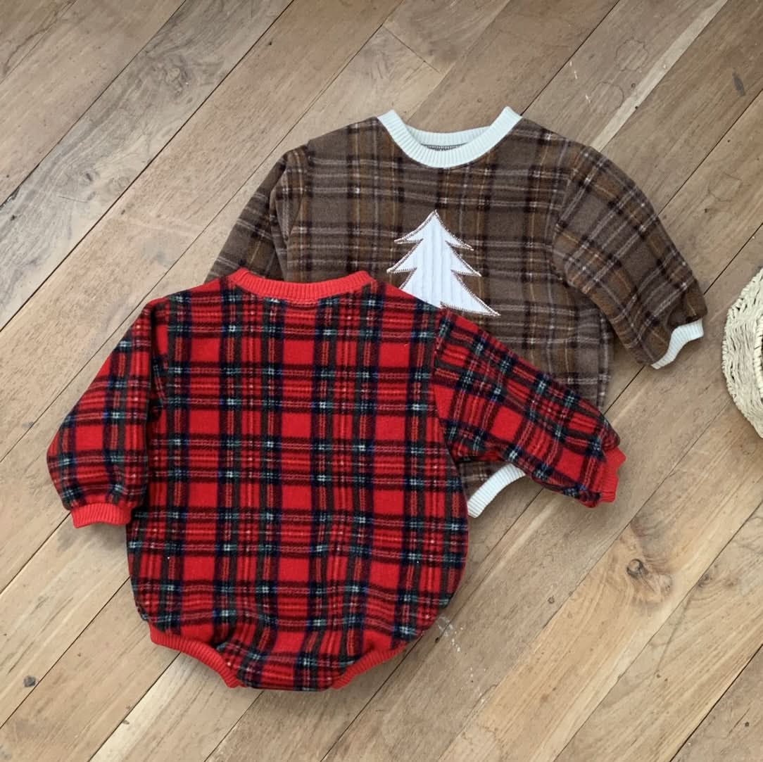 Baby W24 Fleece Tartan Check Tree Patch Sweatshirt Romper(3-18m) - 2 Colors - AT NOON STORE