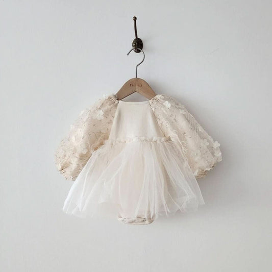 Baby 3D Flowers Puff Embroidery Long Sleeve Tutu Dress Romper (3-18m) - Honey - AT NOON STORE