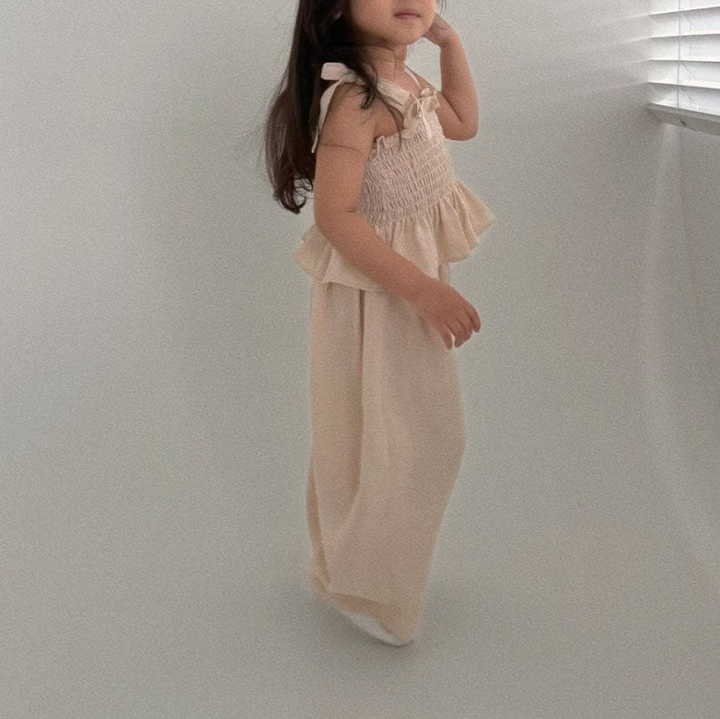 Baby Toddler Bella SS25 Tie Shoulder Smocked Top and Wide Pants Set (6m-3y) - Beige - AT NOON STORE