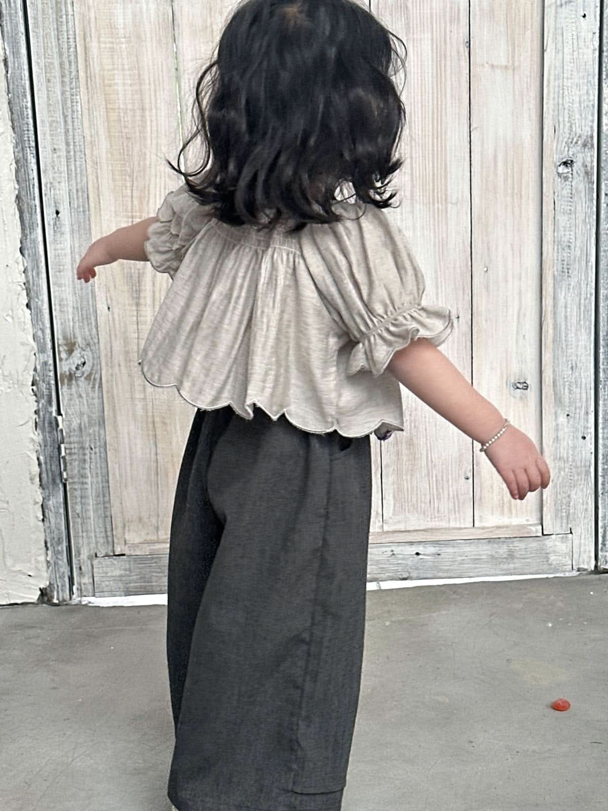 Kids Frill Puff Sleeve Crop Top (2-6y) - Gray - AT NOON STORE