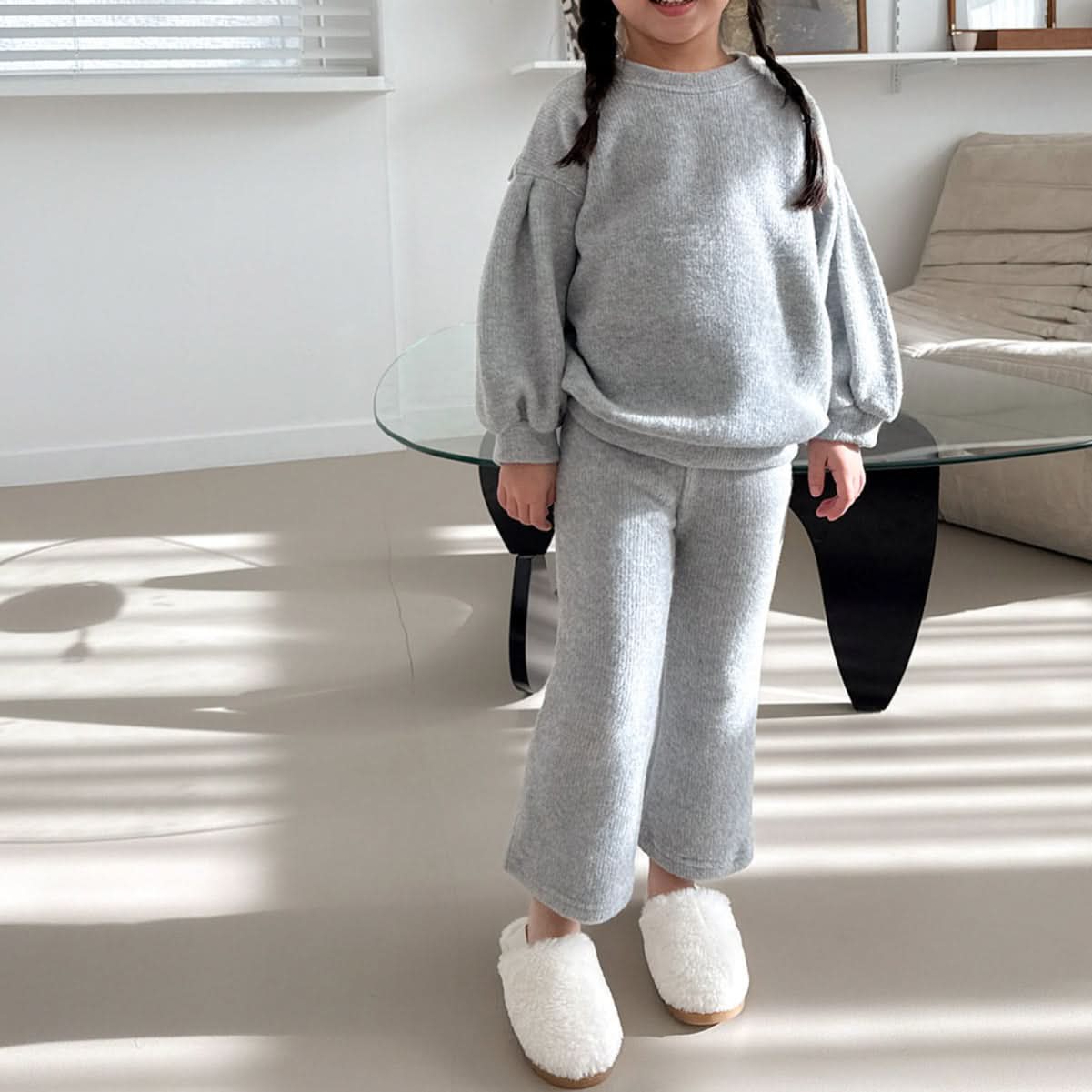 Toddler Brushed Fabric Puff Sleeve Sweatshirt and Flare Pants Set (2-6y) - Beige - AT NOON STORE