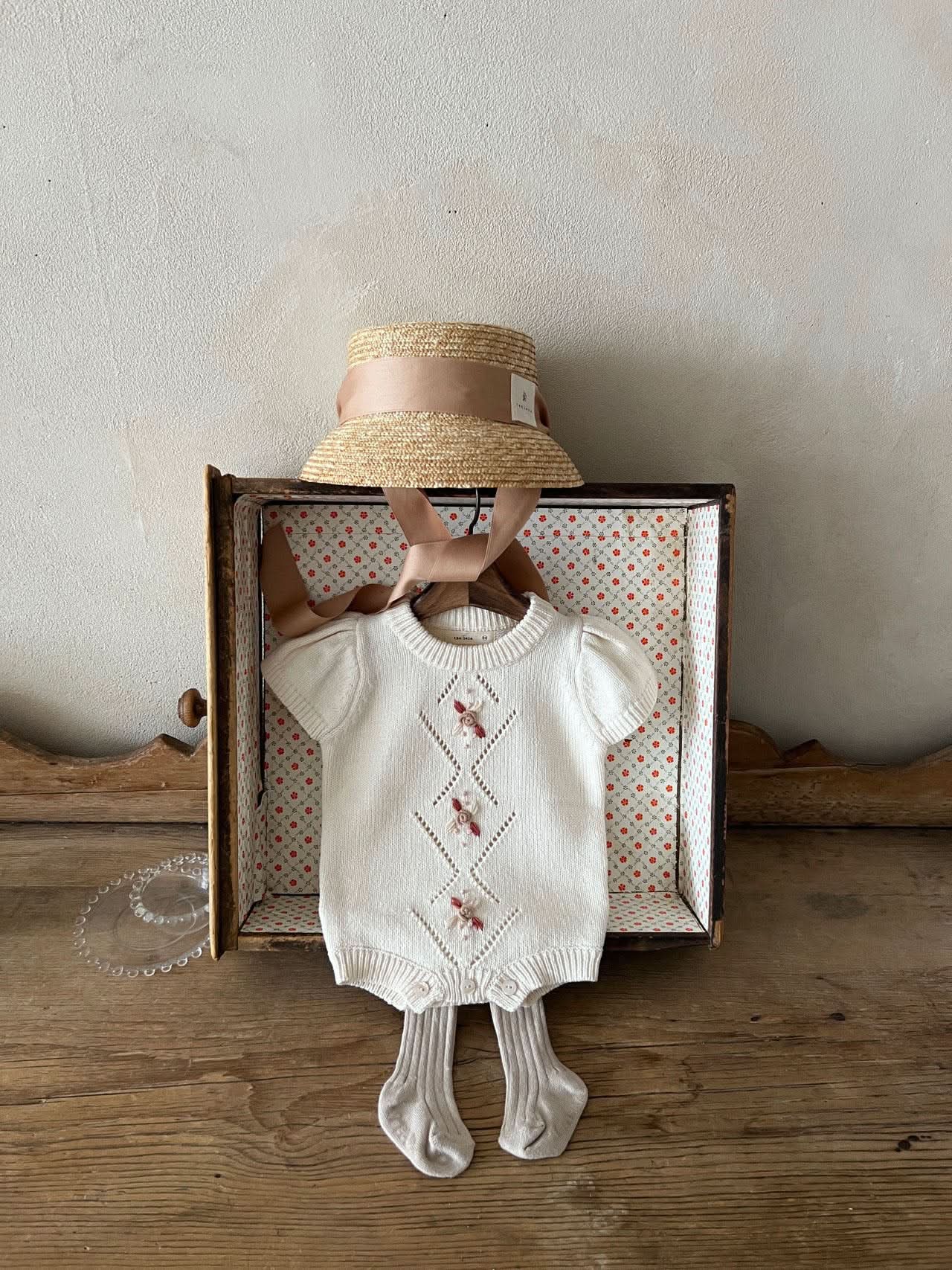 Baby Floral Embroidery Short Sleeve Knit Romper (0-24m) - Ivory - AT NOON STORE