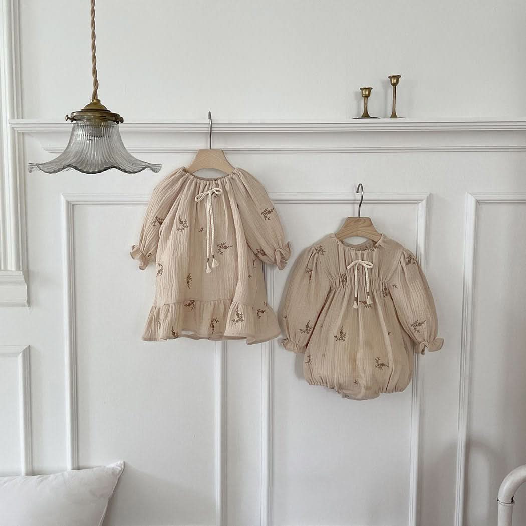 Toddler Milk Knot Tassel Bow Flower Embroidery Dress (1-6y) - Cream - AT NOON STORE