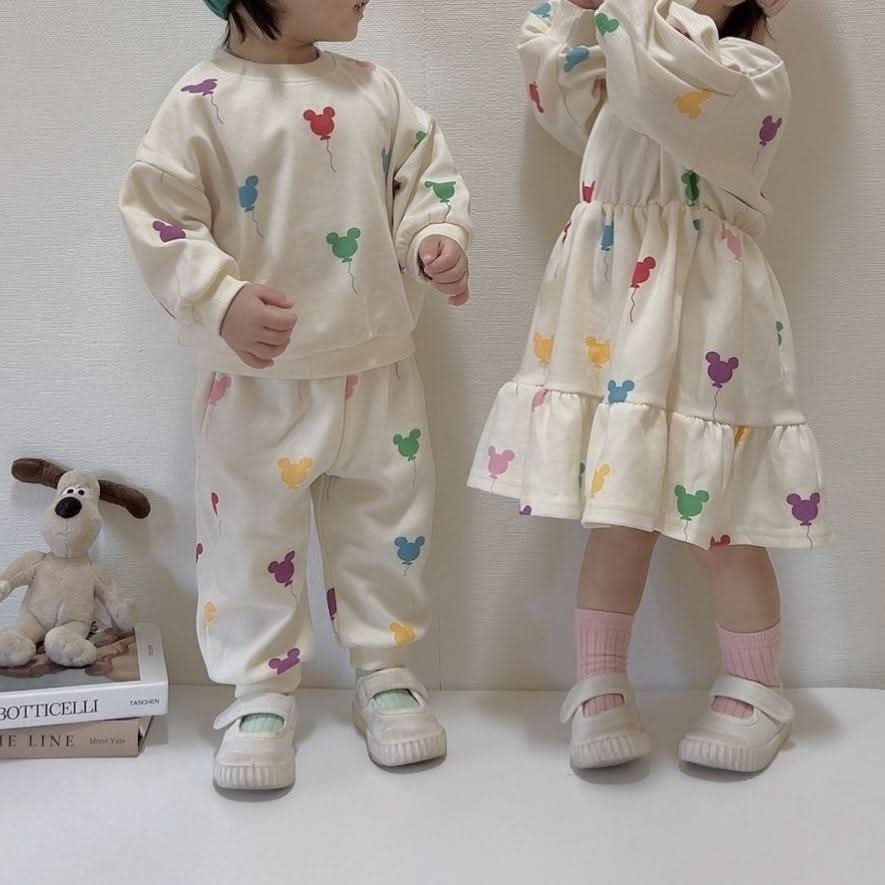 Toddler Balloon Print Long Sleeve Dress (15m-7y) -Cream - AT NOON STORE
