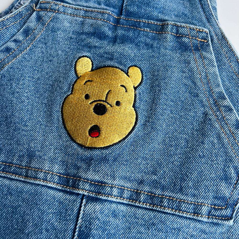 Toddler Disney Mickey and Pooh Face Embroidery Kangaroo Pocket Denim Overalls (2-7y) -2 Colors - AT NOON STORE
