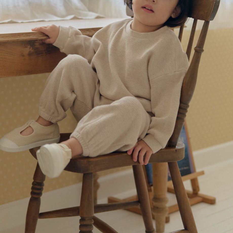 Kids F25 Waffle Long Sleeve Sweatshirt and Jogger Pants Set (1-6y) - Beige - AT NOON STORE