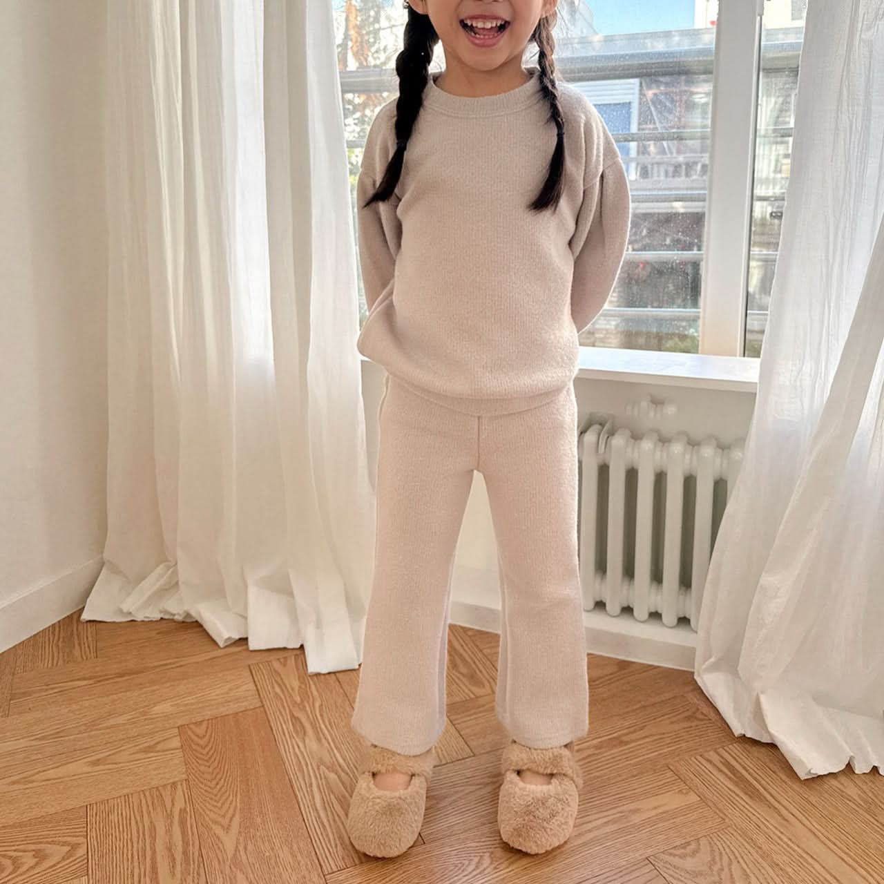 Toddler Brushed Fabric Puff Sleeve Sweatshirt and Flare Pants Set (2-6y) - Beige - AT NOON STORE