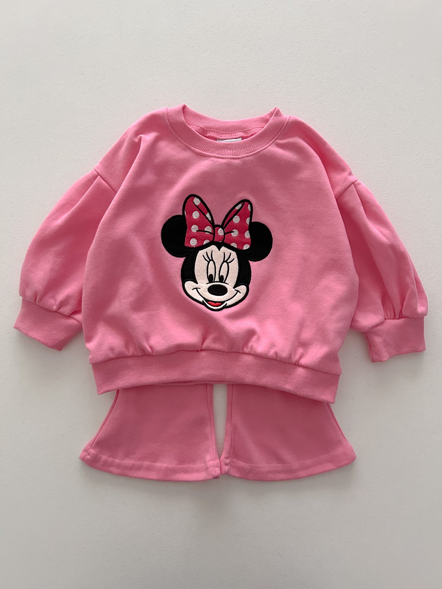 Toddler Disney Minnie Face Embroidery Puff Long SleeveSweatshirt and Flare Pants Set (1-6y) - Pink - AT NOON STORE