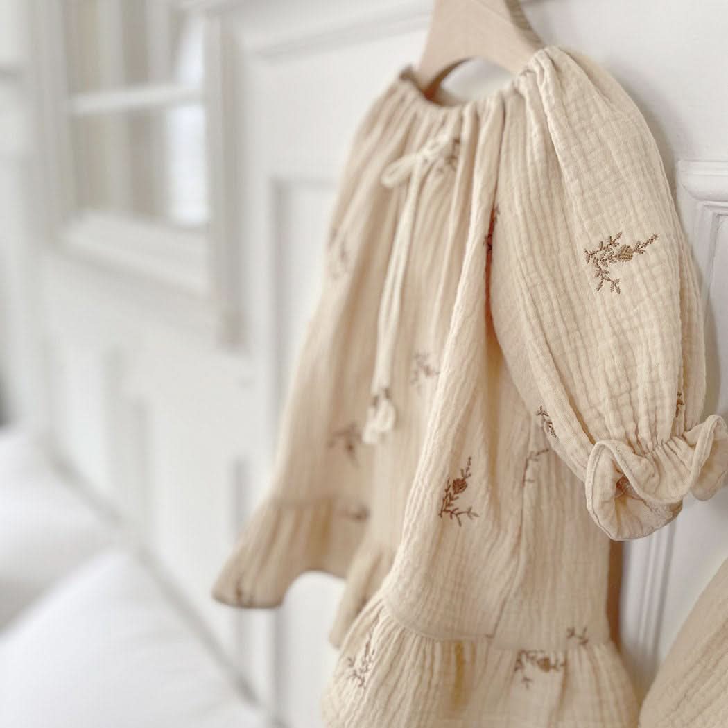 Toddler Milk Knot Tassel Bow Flower Embroidery Dress (1-6y) - Cream - AT NOON STORE