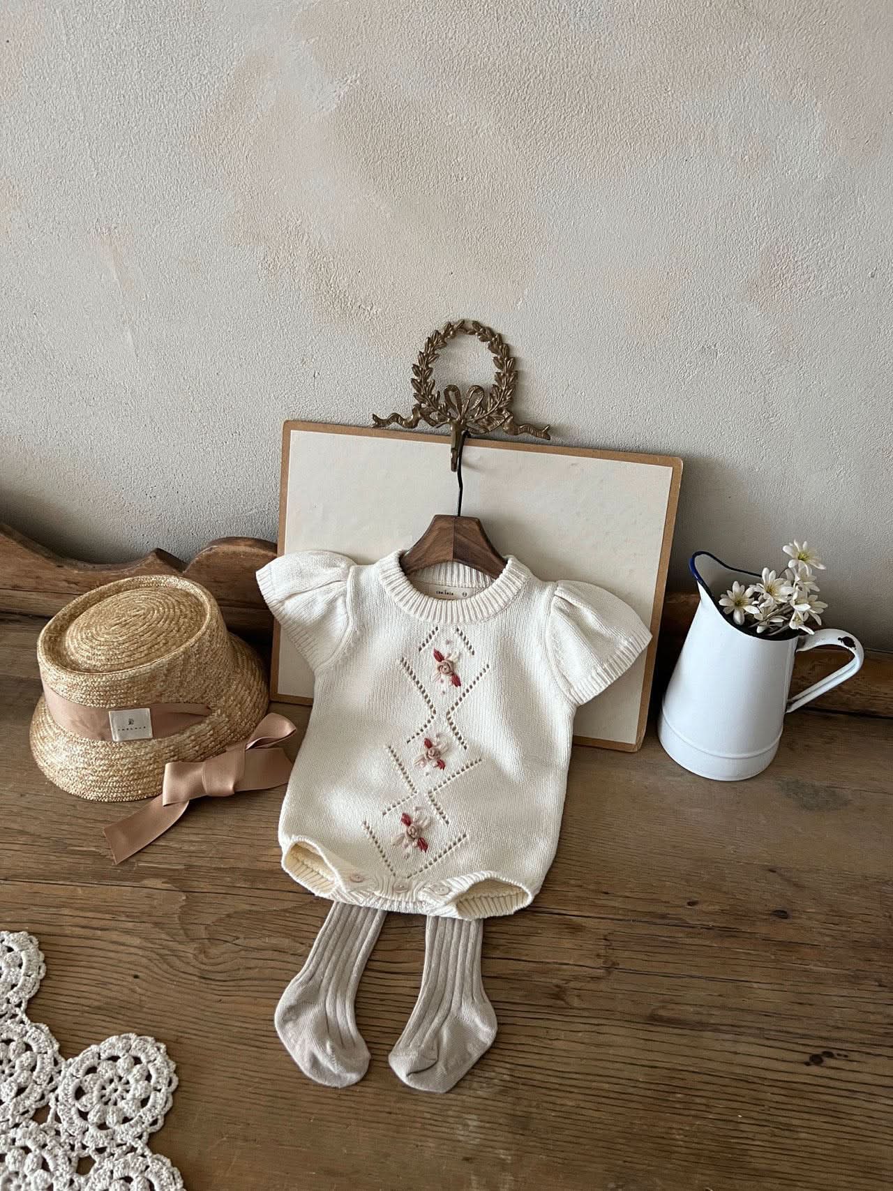 Baby Floral Embroidery Short Sleeve Knit Romper (0-24m) - Ivory - AT NOON STORE