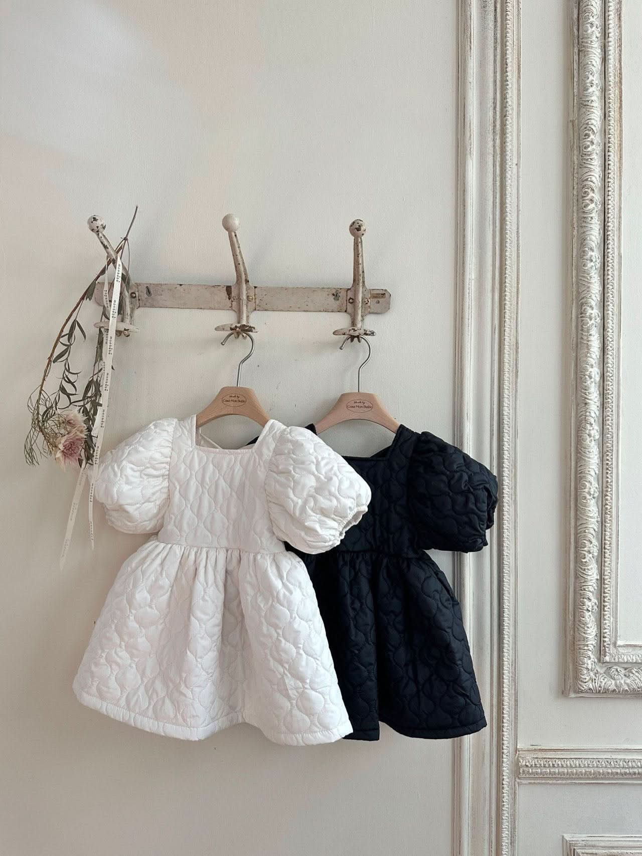 Toddler Monbebe Puff Sleeve Tie Bow Quilted Dress  (1-6y) - AT NOON STORE