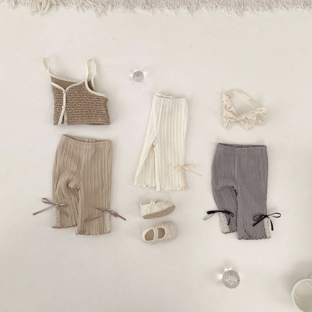 Baby S25 Bow and Lace Trim Cable Flare Pants (3-18m) - Beige - AT NOON STORE