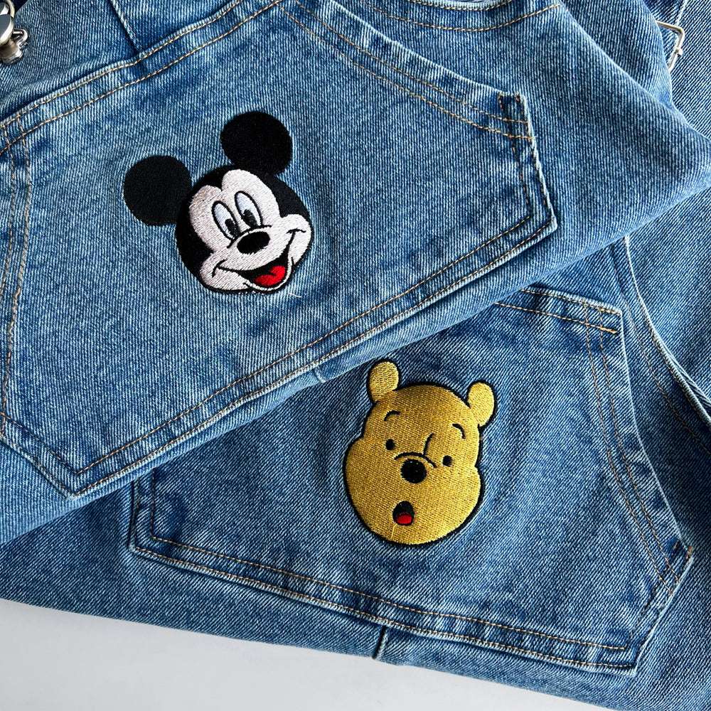 Toddler Disney Mickey and Pooh Face Embroidery Kangaroo Pocket Denim Overalls (2-7y) -2 Colors - AT NOON STORE