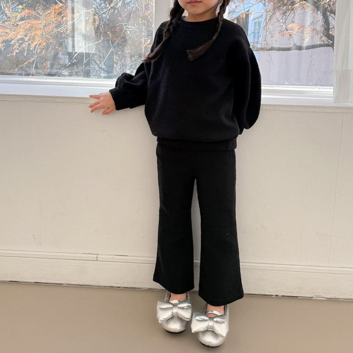 Toddler Brushed Fabric Puff Sleeve Sweatshirt and Flare Pants Set (2-6y) - Black - AT NOON STORE