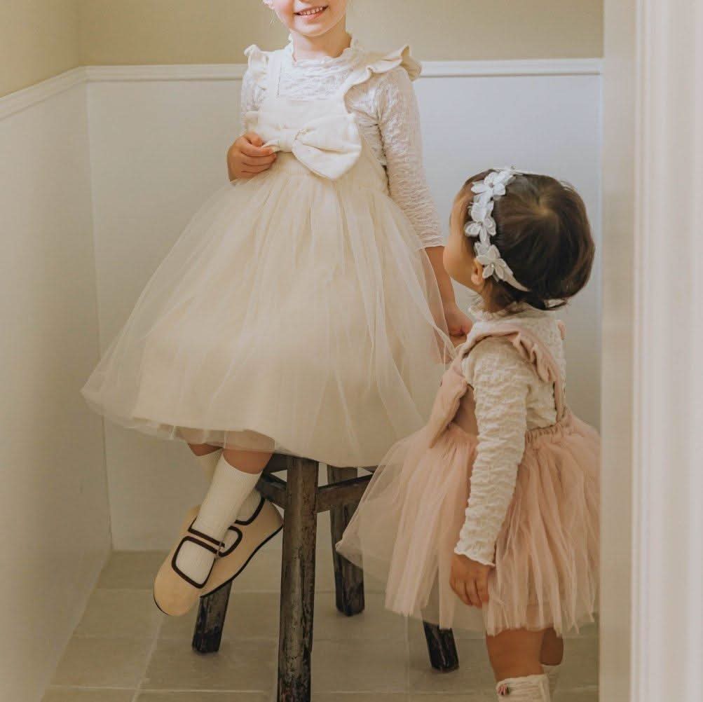 Girls Ruffle Shoulder Sleeveless Front Bow Tutu Dress (2-6y) - Ivory - AT NOON STORE